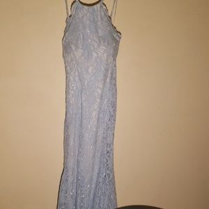 Long formal dress in light blue lace